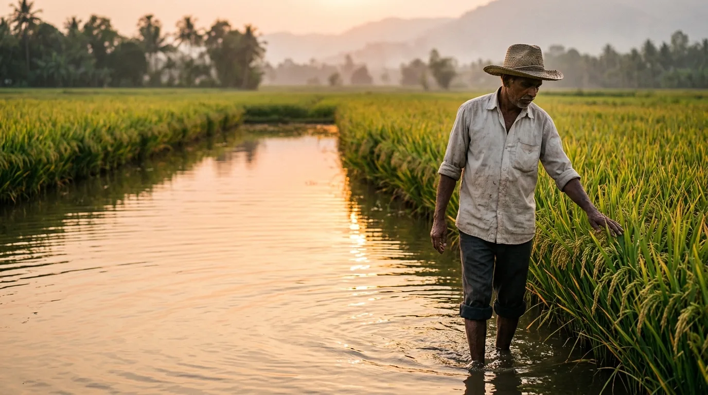 Farmer standing in a green basmati rice paddy at golden hour